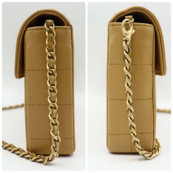 Authentic CHANEL CC Lambskin East West Chocolate Bar Purse Flap Chain Beige Gold - Picture 8 of 14